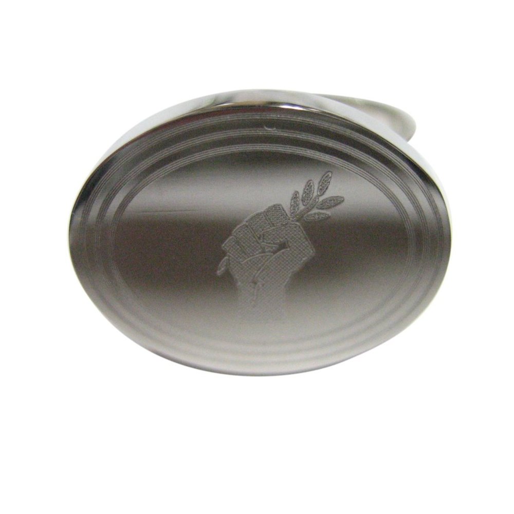 Etched Oval Hand Holding Olive Branch  Ring